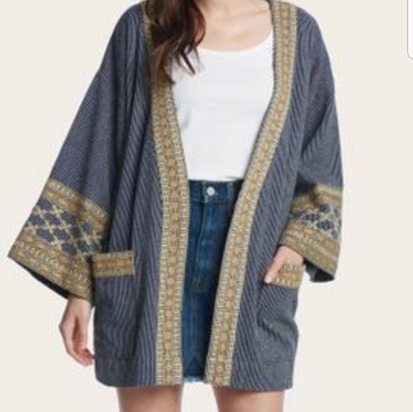 Frye Teal Blue Embroidered Oversize Kimono Cardigan Sz Medium - Picture 3 of 11